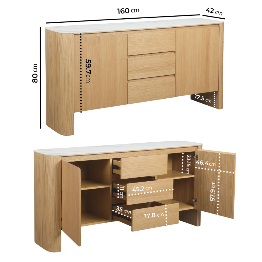 Large White Marble Ceramic and Oak Sideboard - Marian