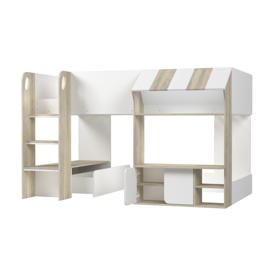 White and Oak Mid Sleeper Cabin bed with Storage - Marcel