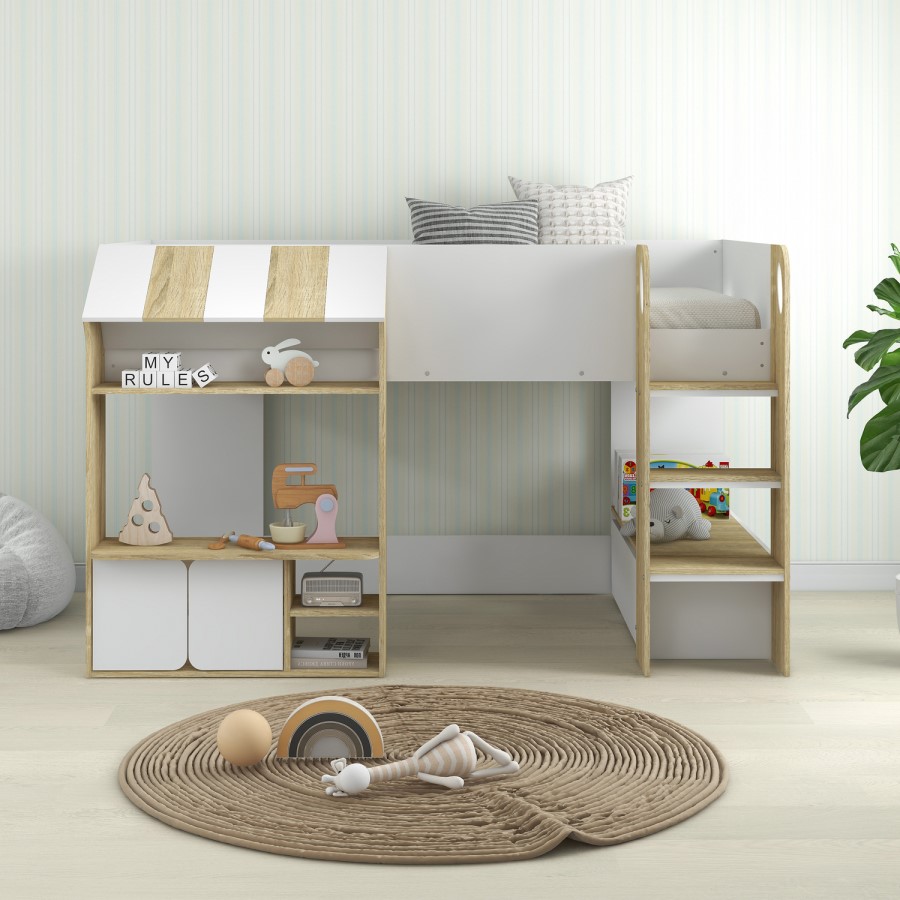 White and Oak Mid Sleeper Cabin bed with Storage - Marcel