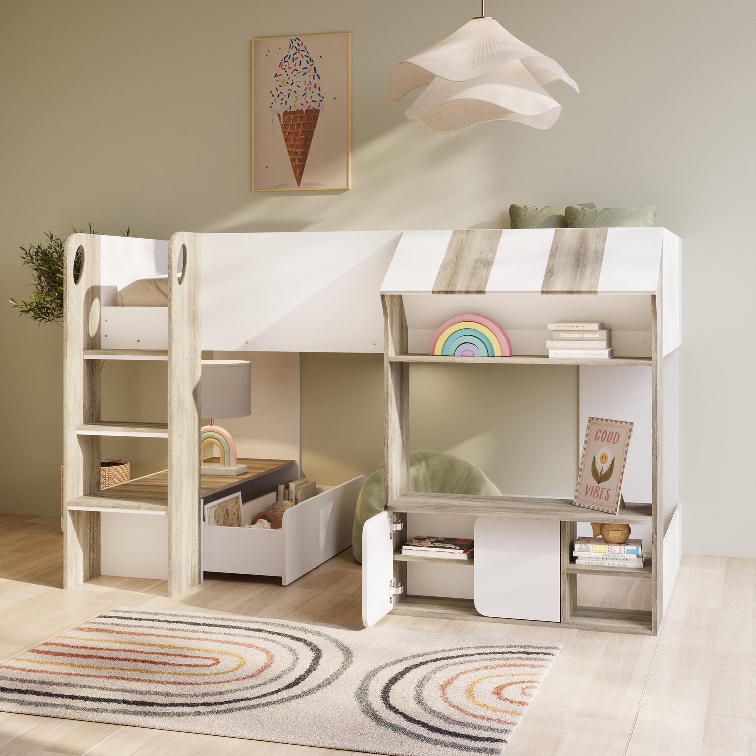 Oak Mid Sleeper Cabin bed Storage
