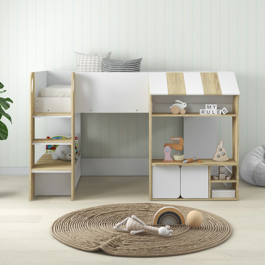 White and Oak Mid Sleeper Cabin bed with Storage - Marcel