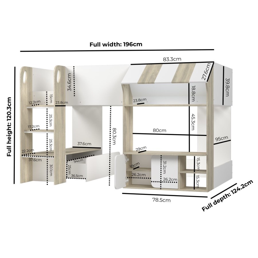 White and Oak Mid Sleeper Cabin bed with Storage - Marcel