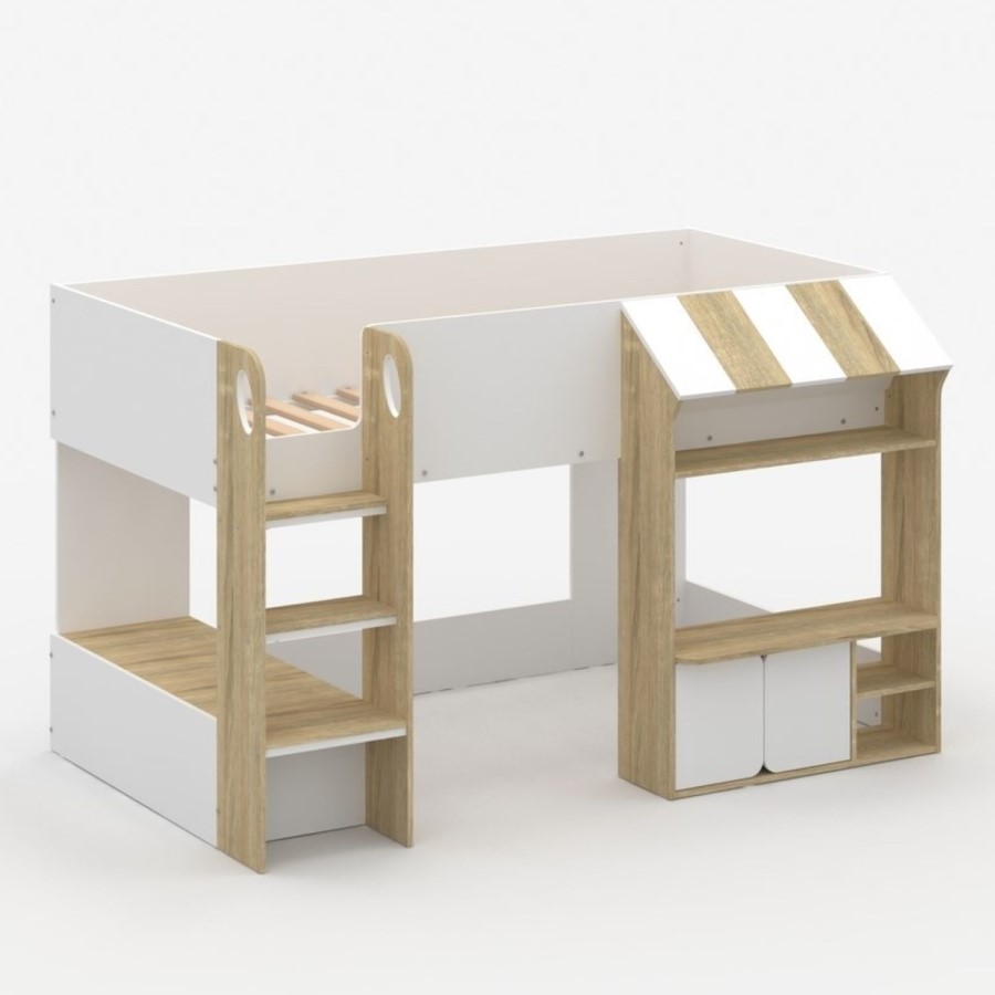 White and Oak Mid Sleeper Cabin bed with Storage - Marcel