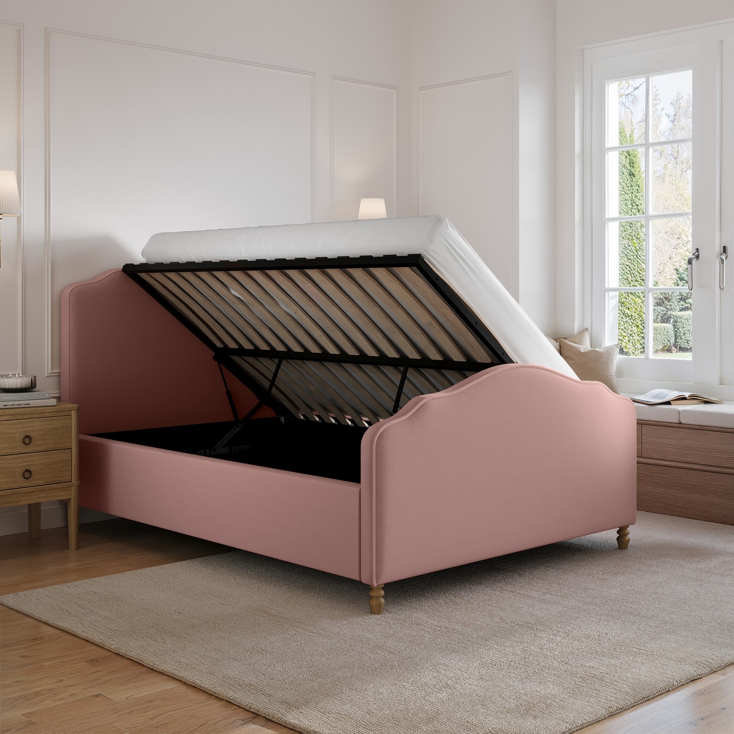 Marie Pink Upholstered Double Side-Lift Ottoman Storage Bed With Legs