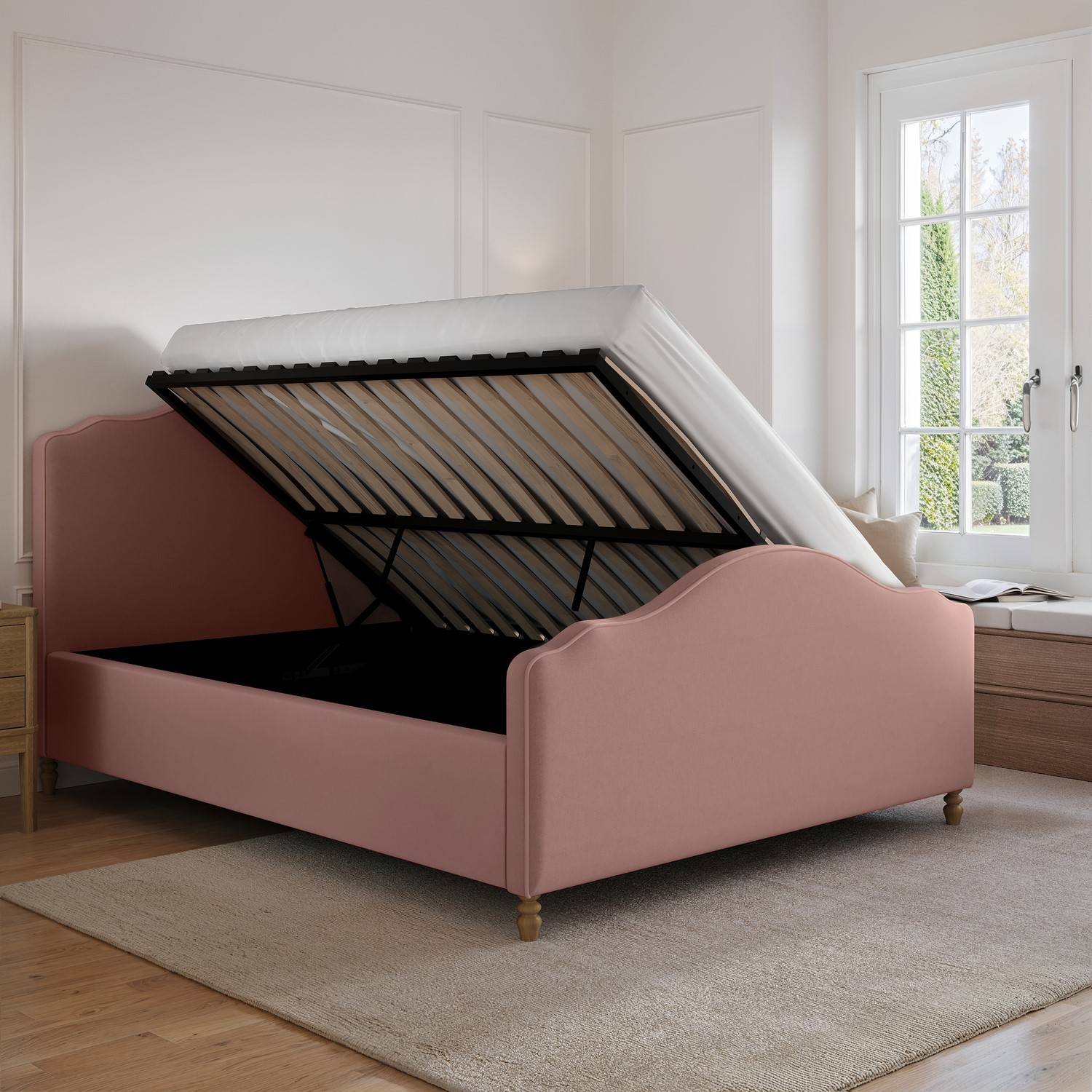 Marie Pink Upholstered King Size Side-Lift Ottoman Storage Bed With Legs