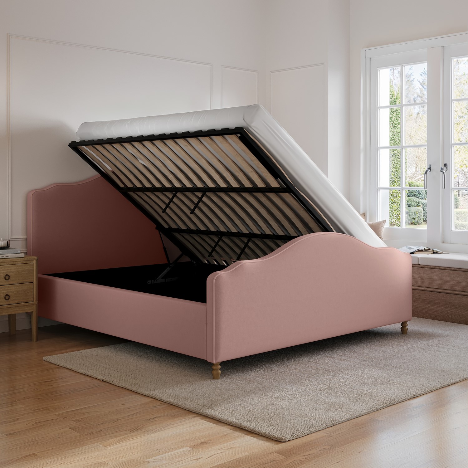 Marie Pink Upholstered Super King Side-Lift Ottoman Storage Bed With Legs