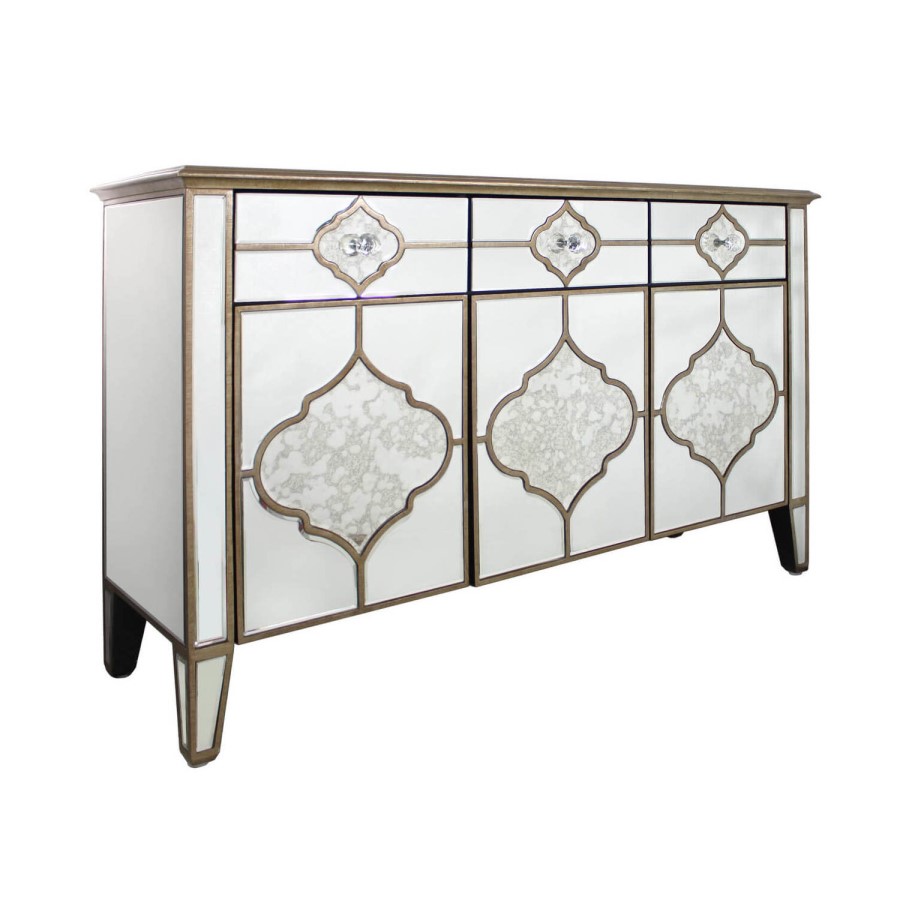 Aurora Boutique Morocco Vintage Mirrored 3 Drawer 3 Door Sideboard with Gold Trim