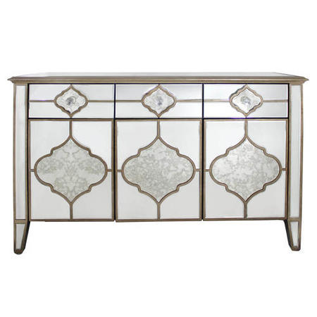 Aurora Boutique Morocco Vintage Mirrored 3 Drawer 3 Door Sideboard with Gold Trim
