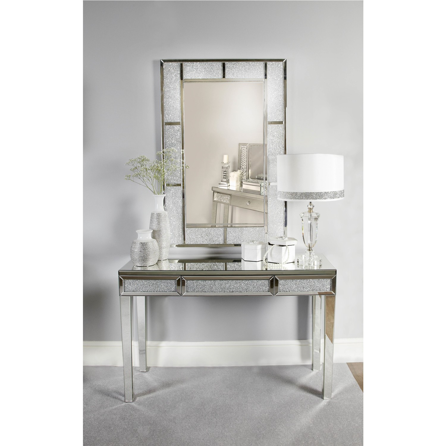 Aurora Boutique Mila Mirrored Console Table with Drawer & Clear Crystal ...