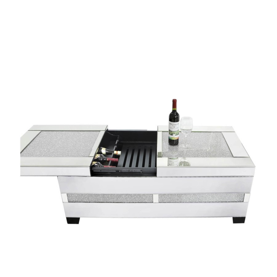 Aurora Boutique Mila Mirror Coffee Table with Wine Bottle Storage & Clear Crystal Inlay