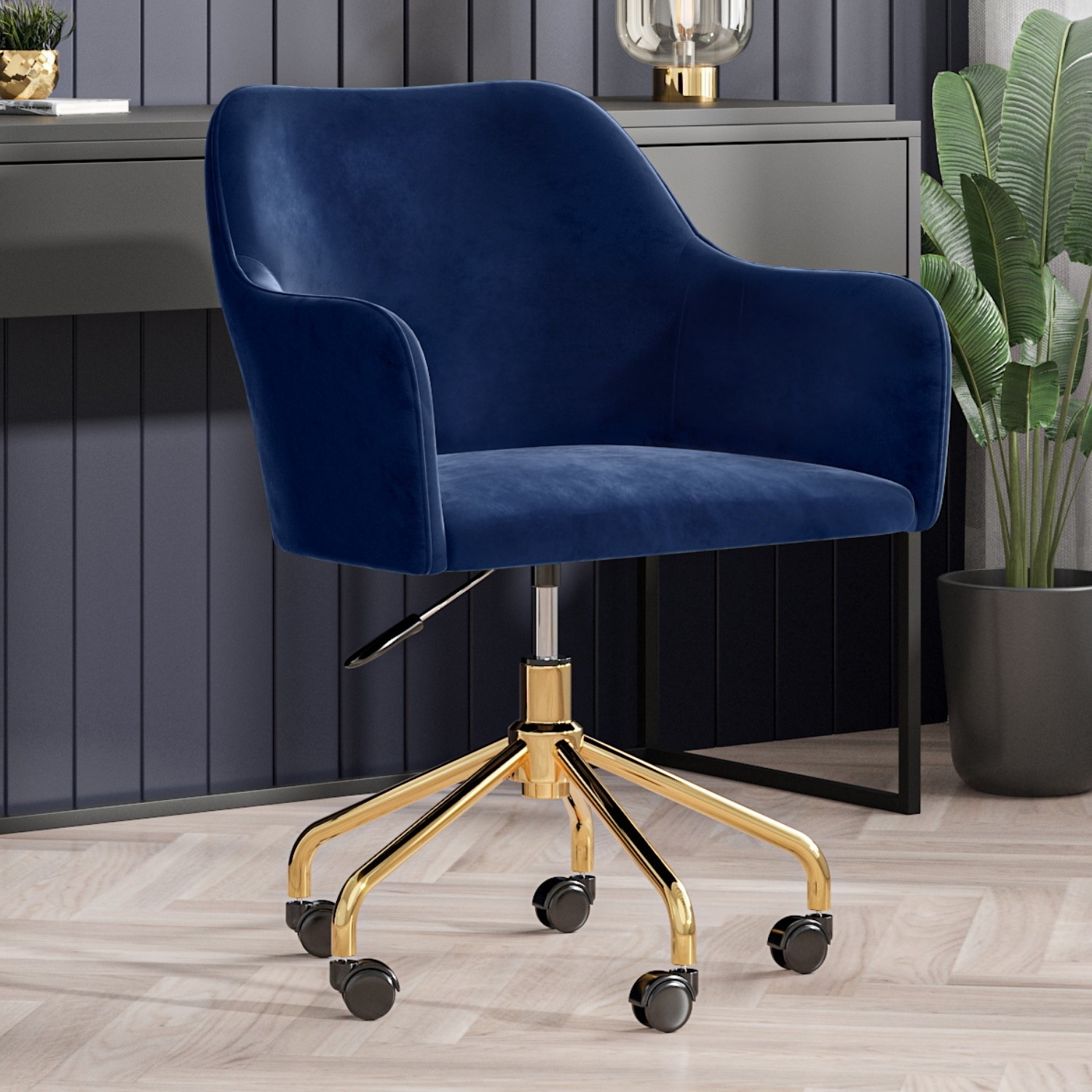 Navy Blue Velvet Office Swivel Chair With Gold Base Marley