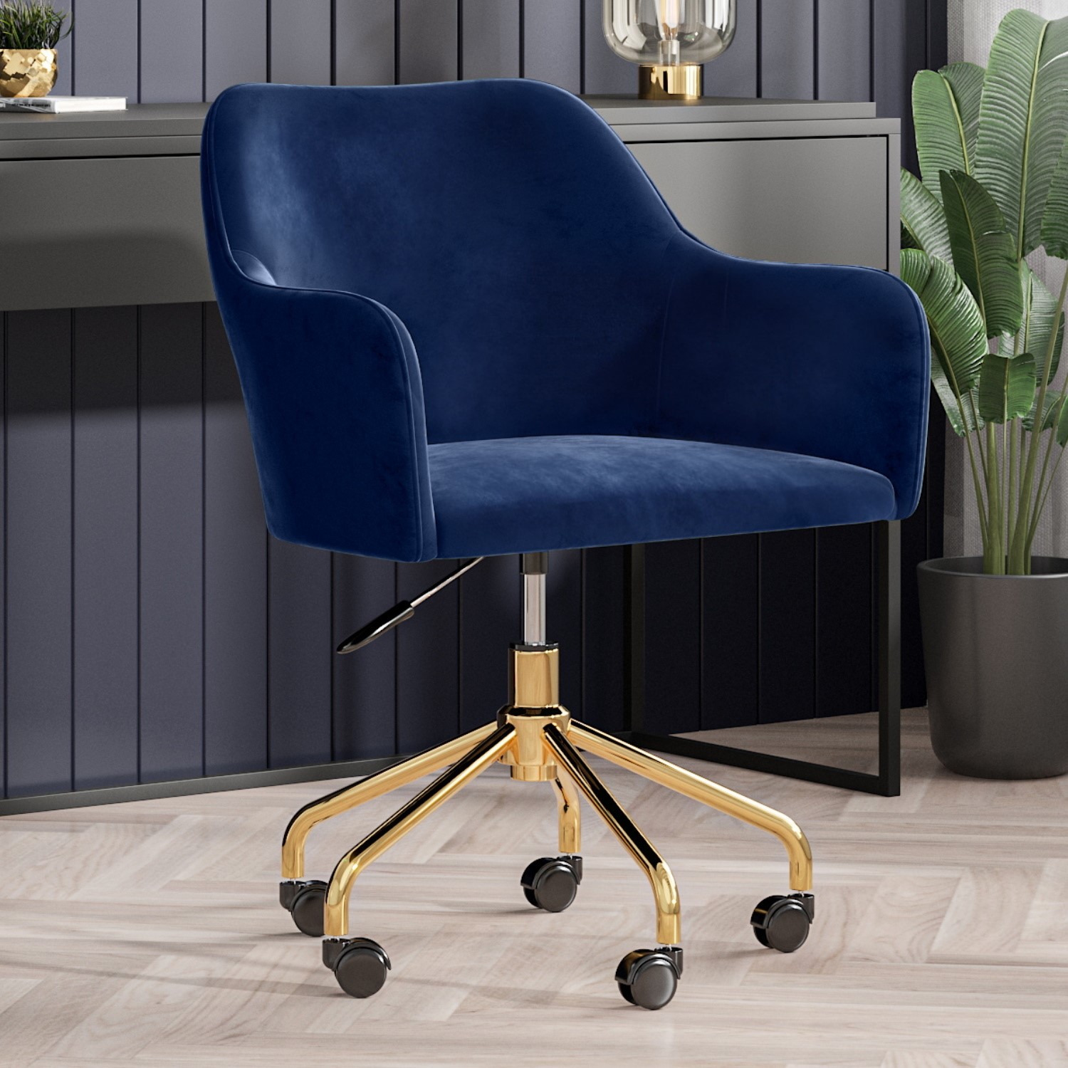 Navy blue velvet office swivel chair with gold base Browse over 500