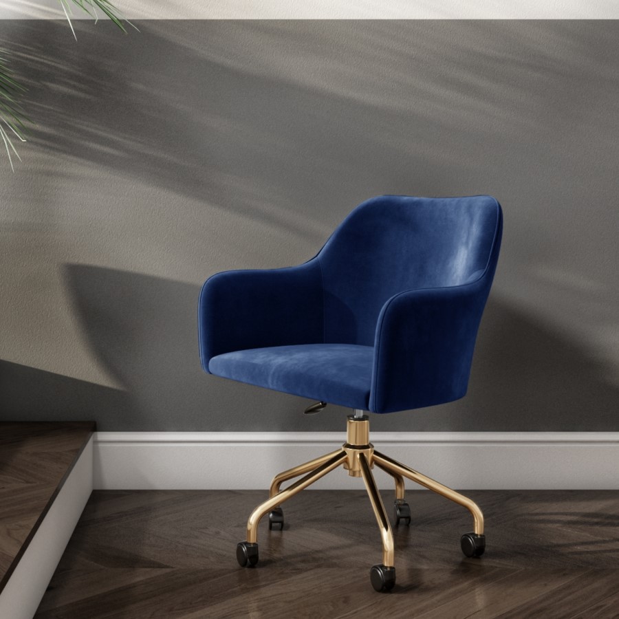 Marley Blue Velvet Bedroom Swivel Chair with Gold Base