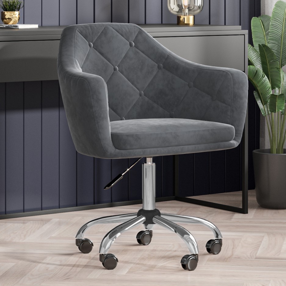 Grey Velvet Office Swivel Chair with Button Back - Marley | Furniture123