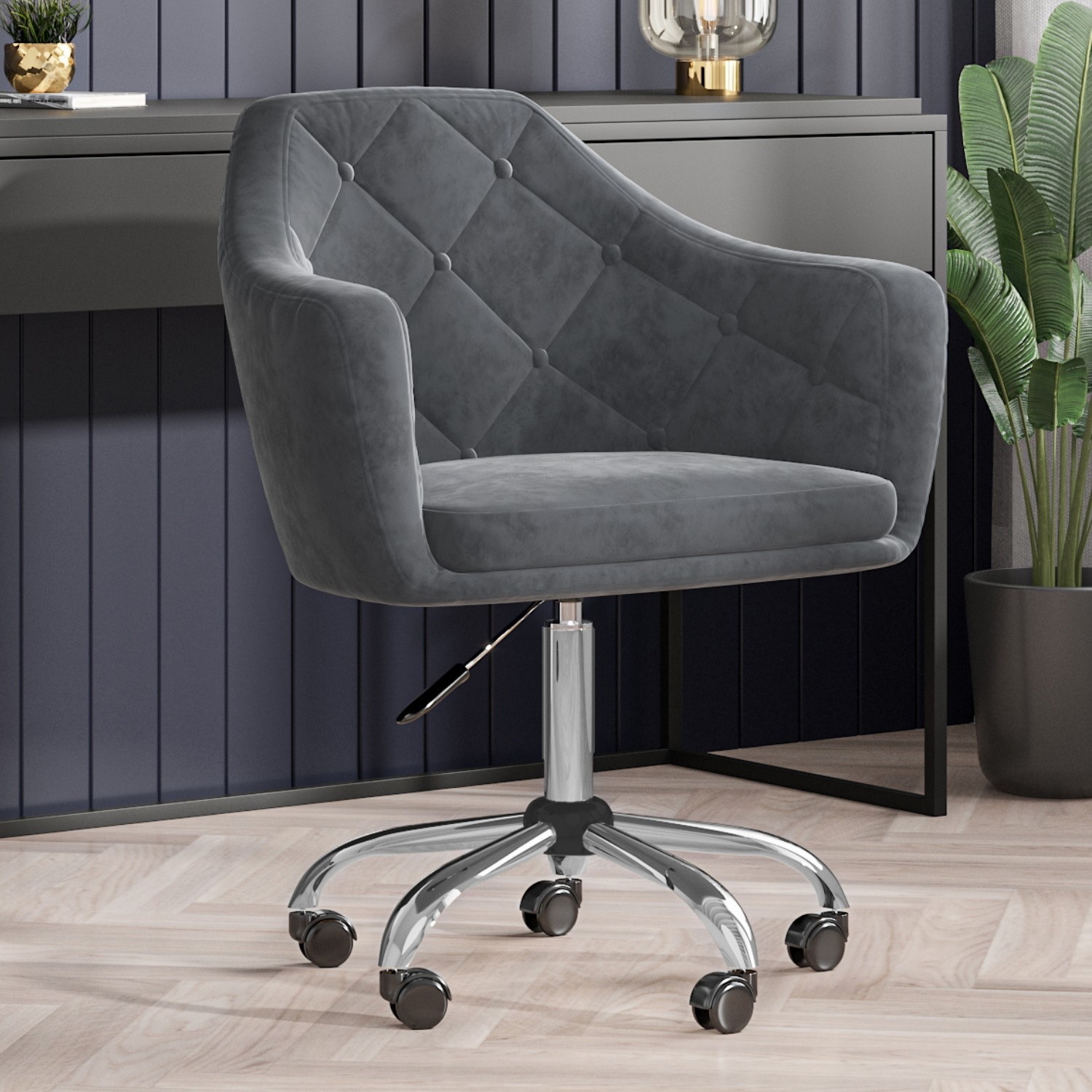 Grey Velvet Office Swivel Chair With, Grey Swivel Armchair Uk