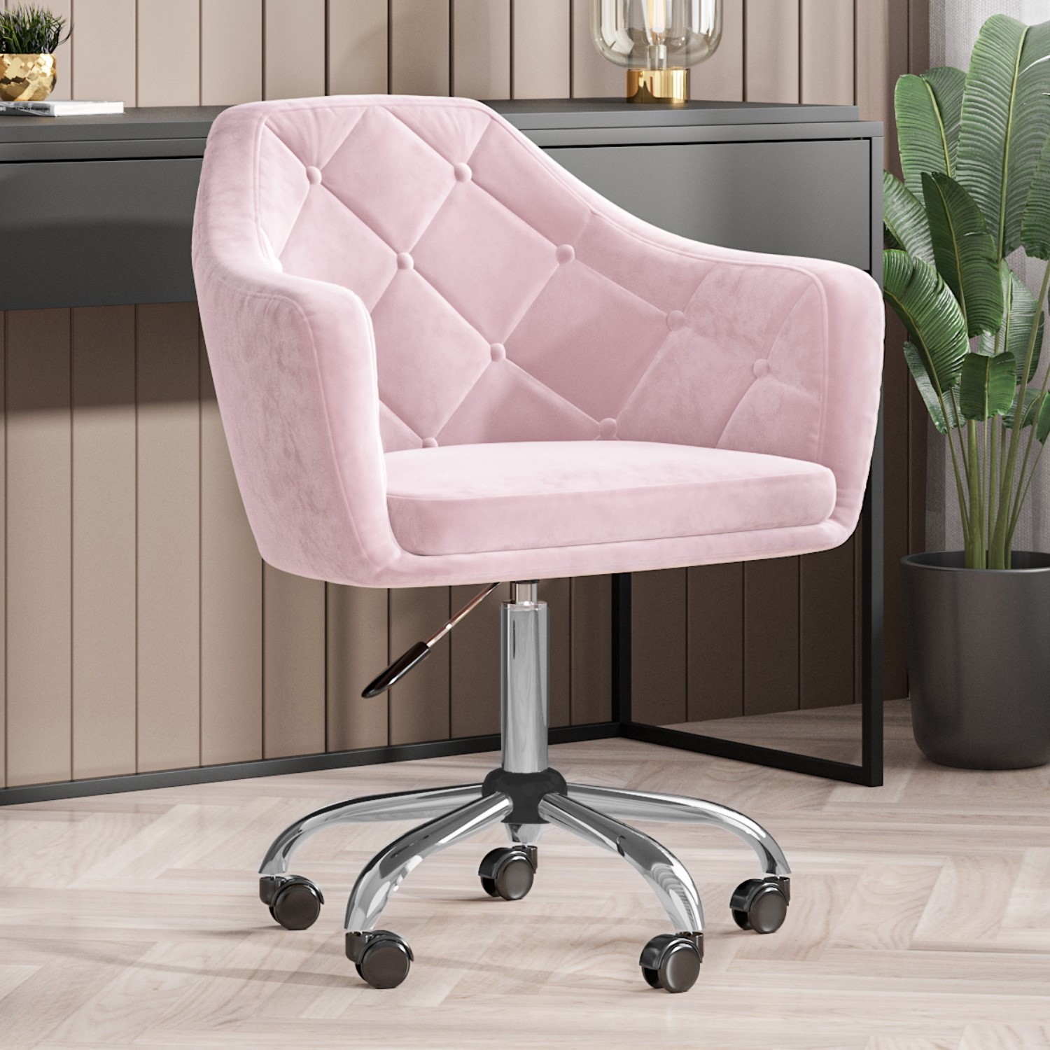 pink velvet office swivel chair with button back marley