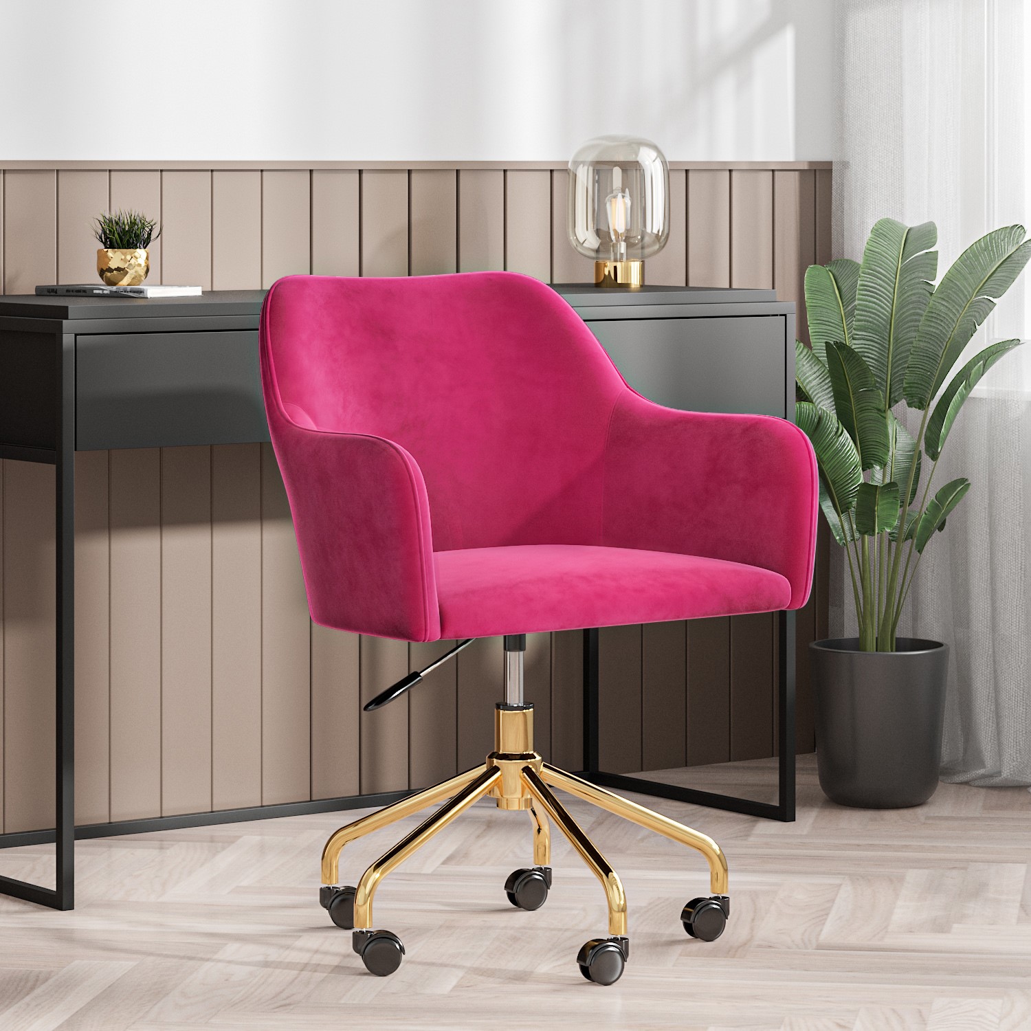 Hot Pink Velvet Office Chair with Gold Base - Marley - Furniture123