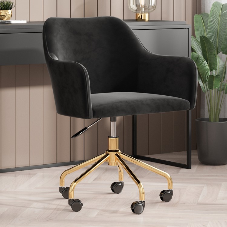 Black Velvet Office Chair with Arms - Marley