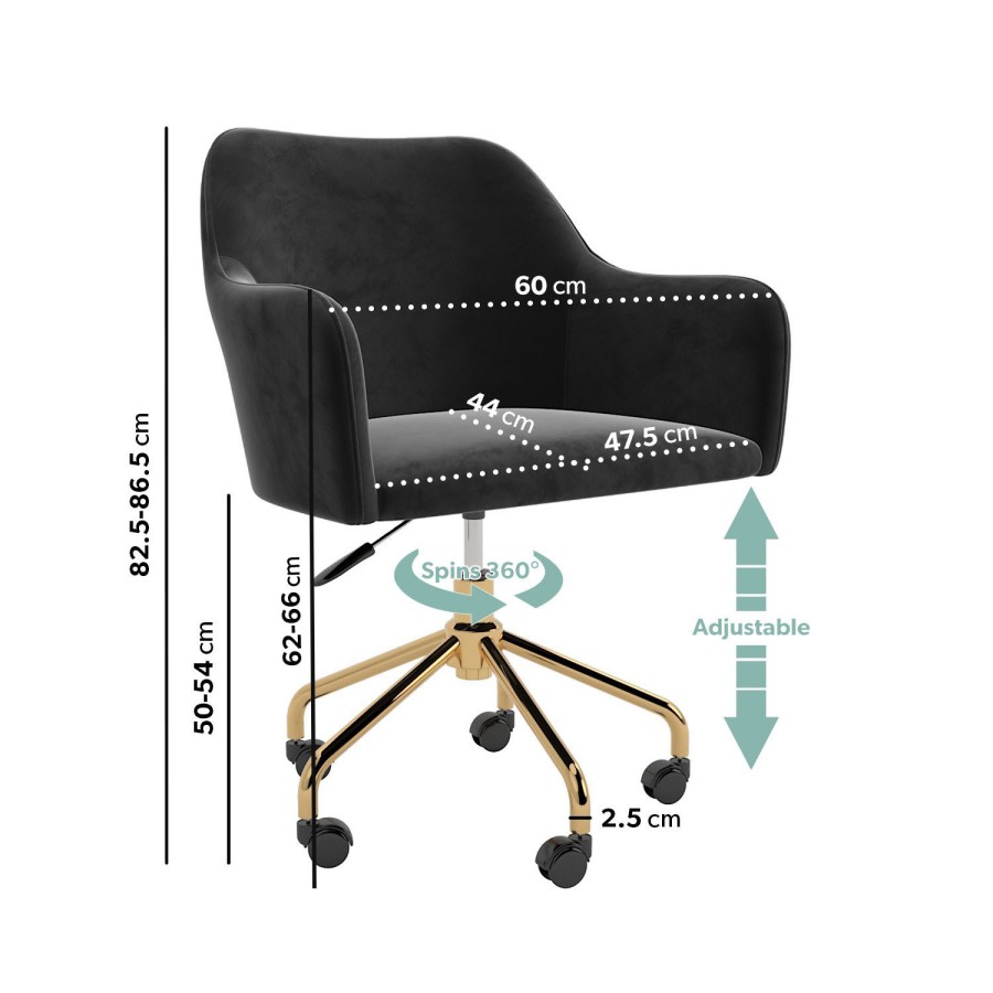Black Velvet Office Chair with Arms - Marley