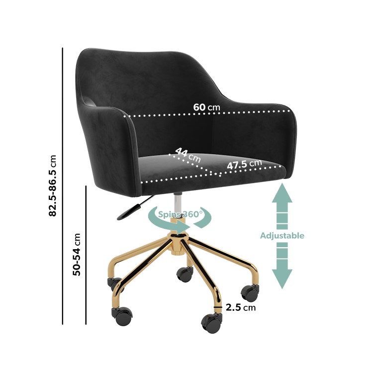 Black Velvet Office Chair with Arms - Marley