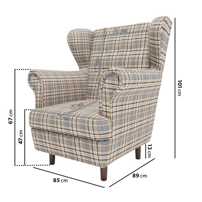 Grey Tartan Wingback Armchair - Martha