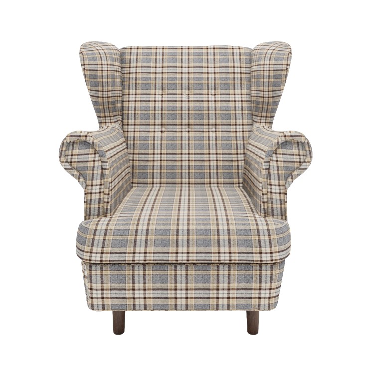 Grey Tartan Wingback Armchair - Martha