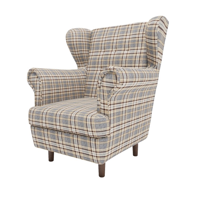 Grey Tartan Wingback Armchair - Martha