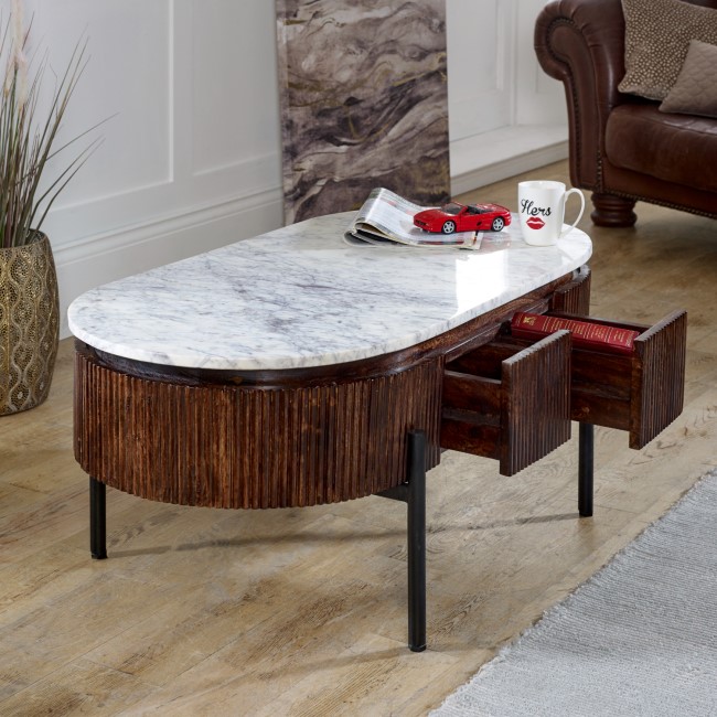 Mango Wood Rectangular Fluted Coffee Table With Marble Top & Metal Legs - Opal