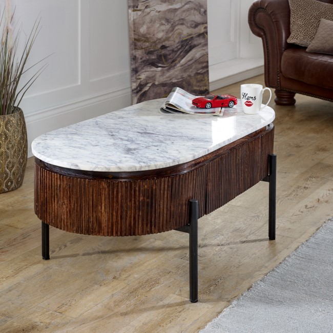 Mango Wood Rectangular Fluted Coffee Table With Marble Top & Metal Legs - Opal