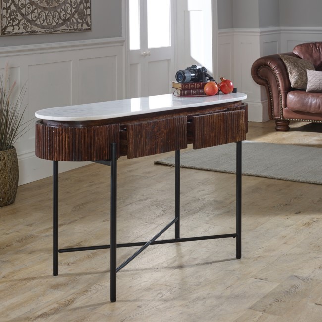 Mango Wood Console Table With Marble Top And Metal Legs - Opal