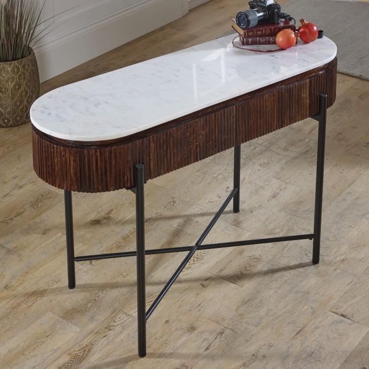 Mango Wood Console Table With Marble Top And Metal Legs - Opal