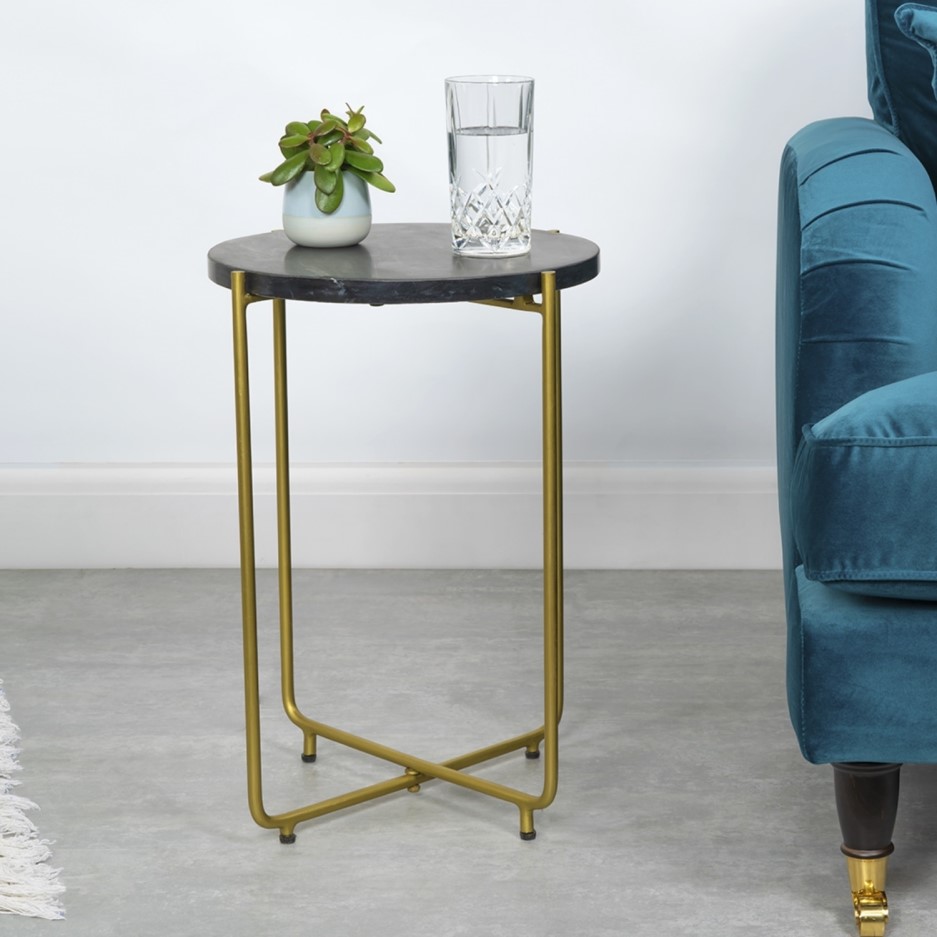 Black Marble Side Table with Gold Legs - Round | Furniture123