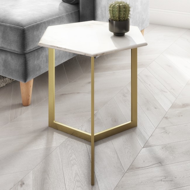 Marble Side Table in White Hexagon & Gold Metal - Martina