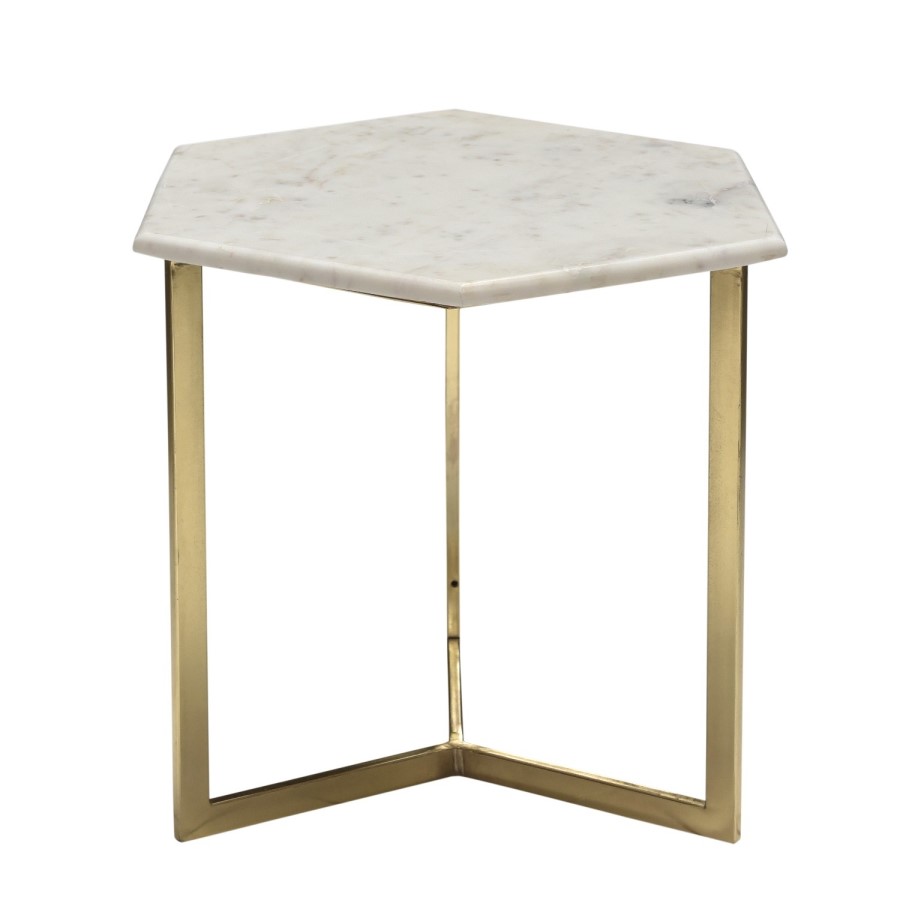 Marble Side Table in White Hexagon & Gold Metal - Martina