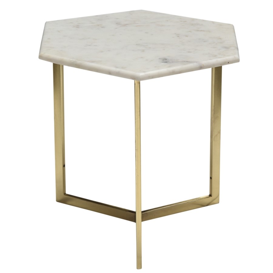 Marble Side Table in White Hexagon & Gold Metal - Martina