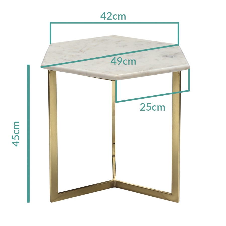 Marble Side Table in White Hexagon & Gold Metal - Martina