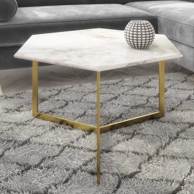 White Marble Coffee Table with Gold Legs - Hexagon