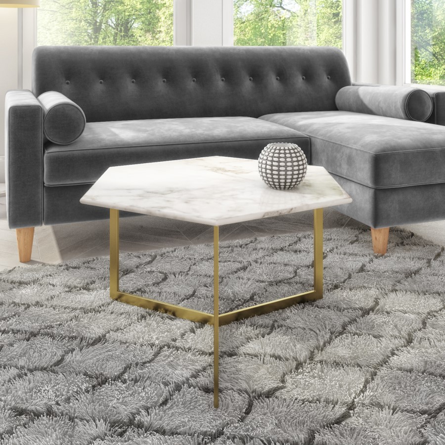 GRADE A1 - White Marble Coffee Table with Gold Legs - Hexagon