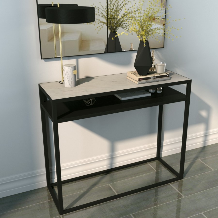GRADE A1 - Marble Top Console Table with Black Iron Base - Narrow 