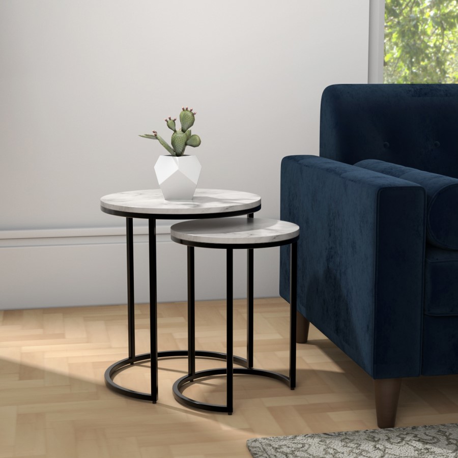 GRADE A1 - White Marble Nesting Tables with Black Base - Set of 2 - Martina