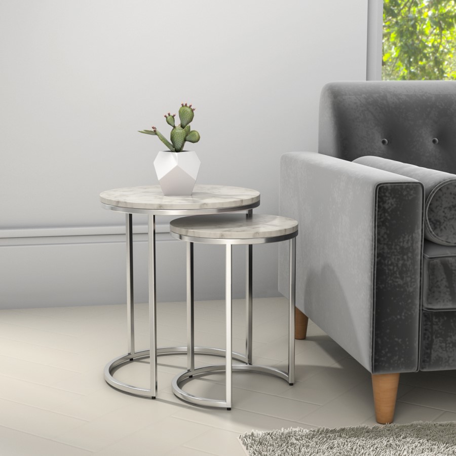 GRADE A2 - White Marble Nesting Tables with Silver Base - Set of 2 - Martina