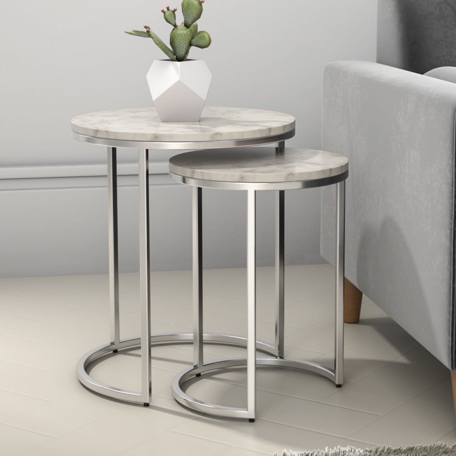 White Marble Nesting Tables With Silver Base Set Of 2 Martina Furniture123