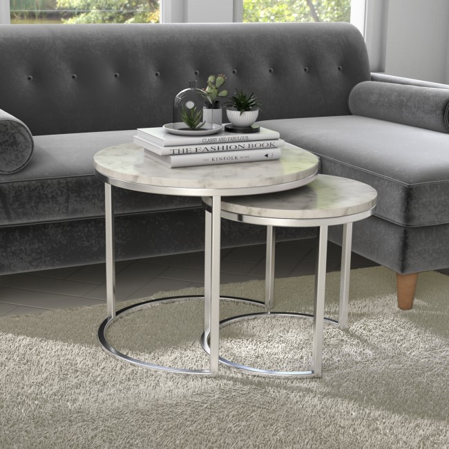 Large White Marble Nesting Tables with Silver Base - Set of 2 - Martina