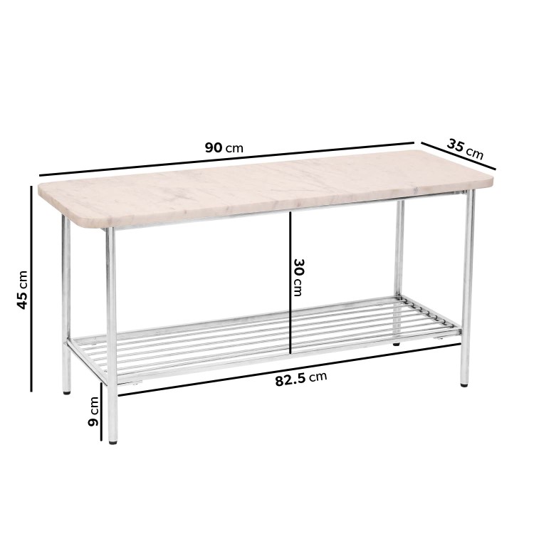 White Real Marble Hallway Bench with Chrome Shoe Rack - Seats 3 - Martina