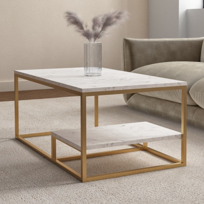Large Rectangle White Marble Coffee Table with Storage - Martina