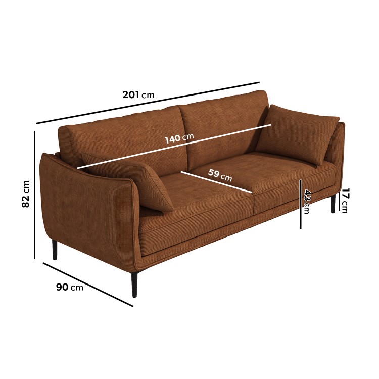 Burnt Orange Cord Fabric 3 Seater Sofa - Maeve