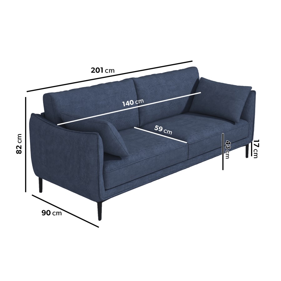 Blue 3 Seater Cord Fabric Sofa - Maeve