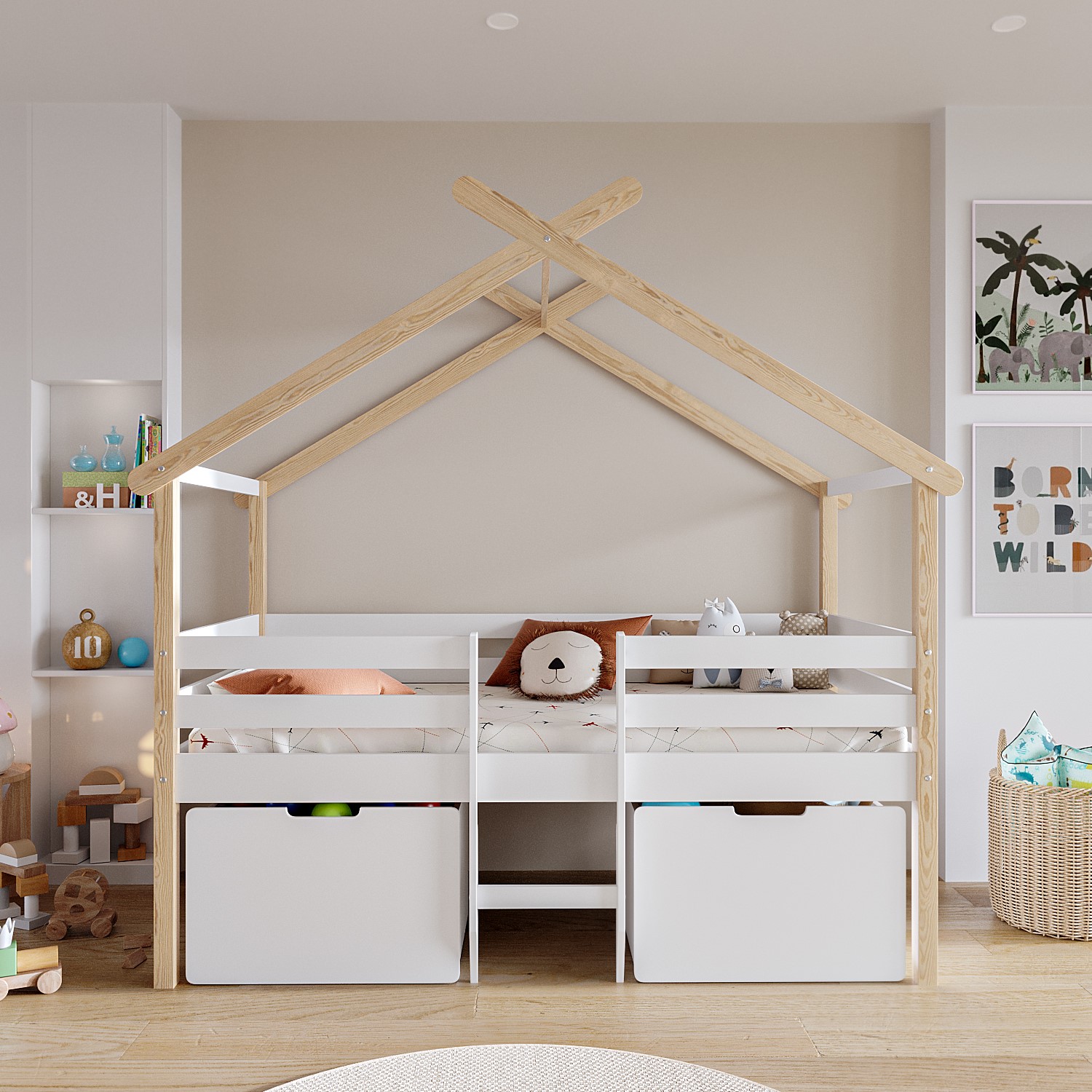 Photo of House cabin bed with 2 drawers in white and pine - mylo
