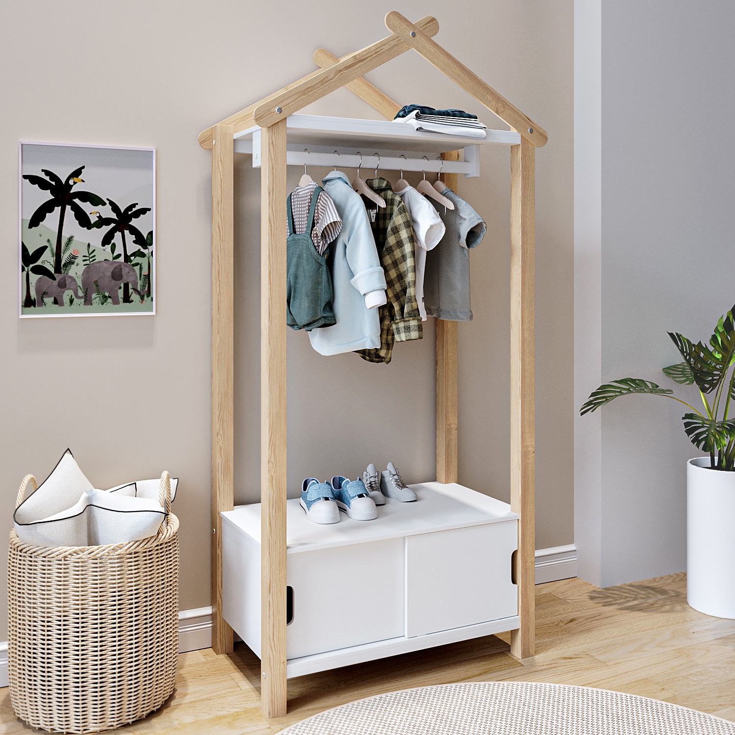Kids White and Pine Open House Wardrobe with Storage - Mylo - Furniture123