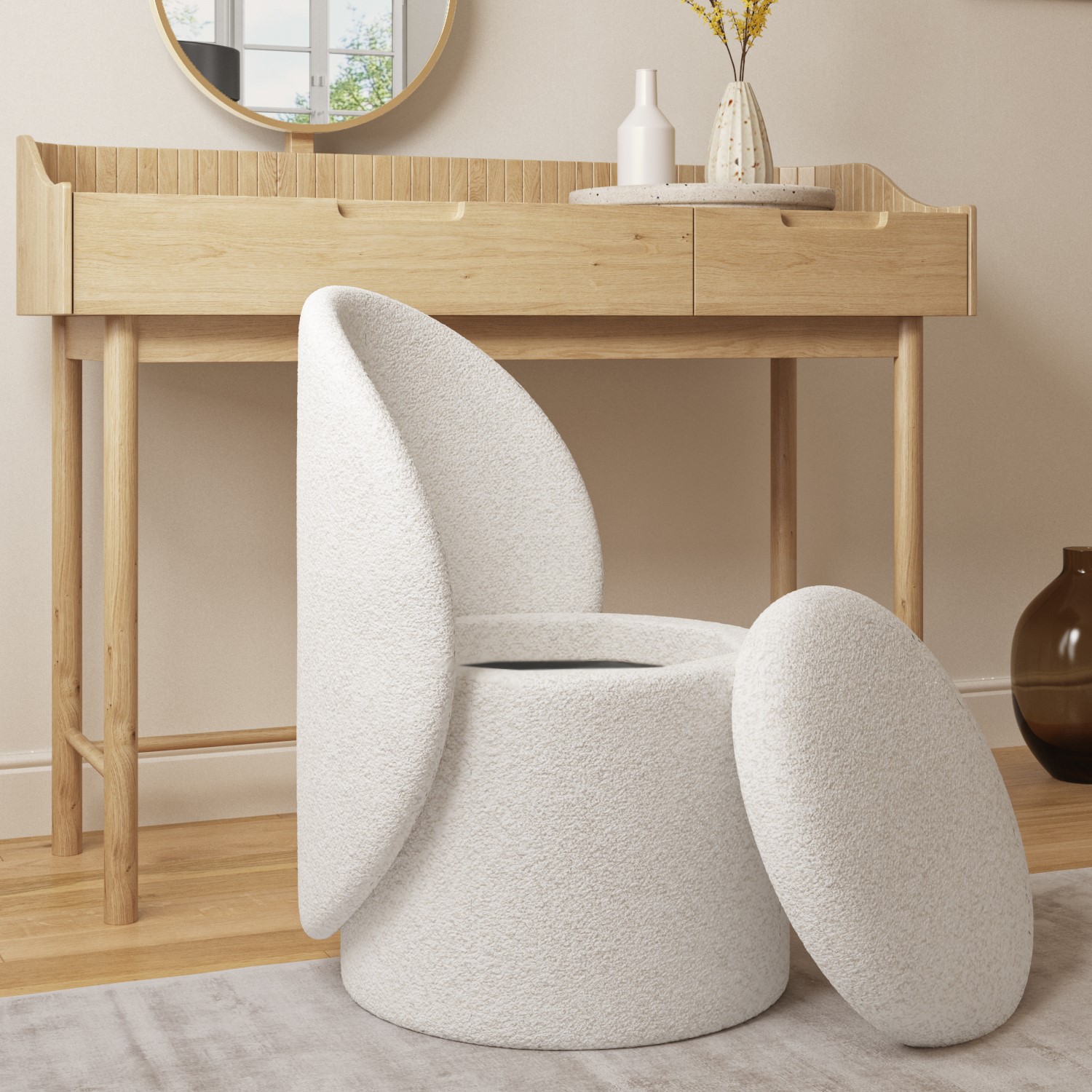 Photo of Off-white boucle dressing table chair with ottoman storage - leah